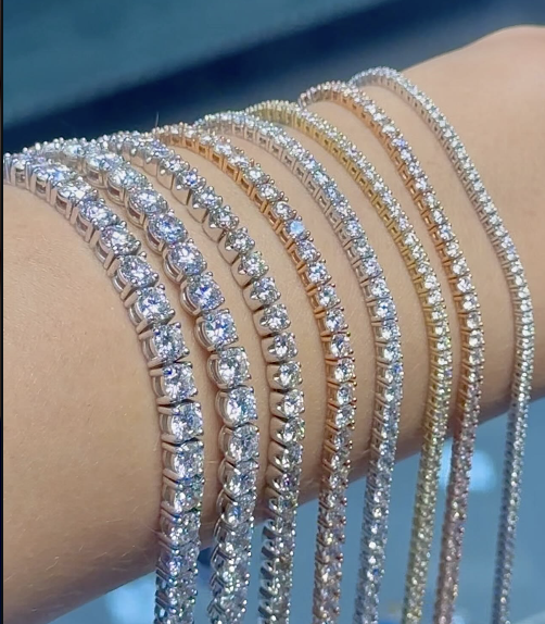 Diamond tennis bracelets in white, yellow and rose gold