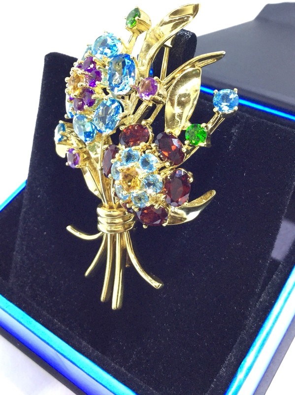 Art Deco 18K yellow gold multicolor gem brooch pin pendant